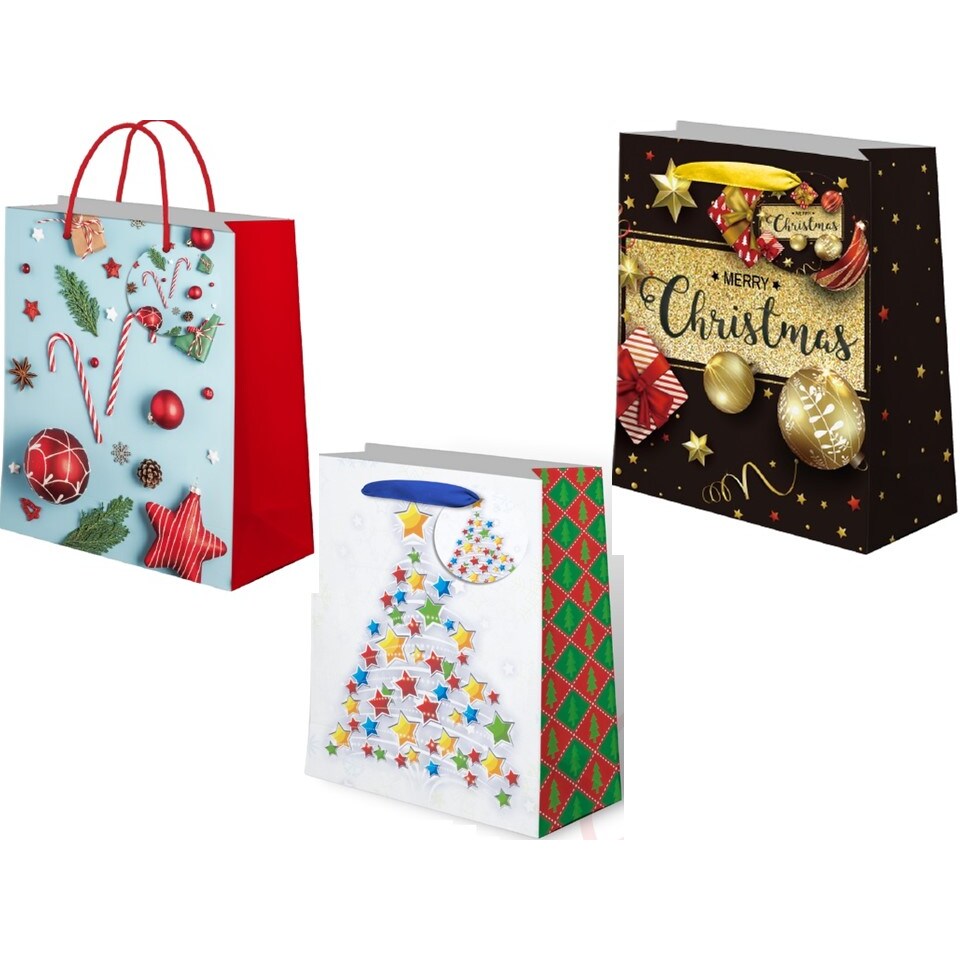 Gifty king, sacchetti regalo di natale taglia M, in carta certificata fsc 180gr, 19x25x9, confezione da 12 pezzi, 3 modelli assortiti, multicolore.