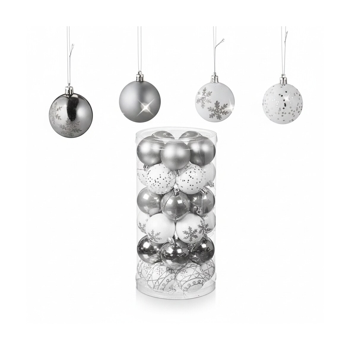 Relaxdays Weihnachtskugeln 30er Set, Kunststoff, D: 6 cm, runde Weihnachtsbaumdeko, Baumschmuck bruchsicher, silber/weiß