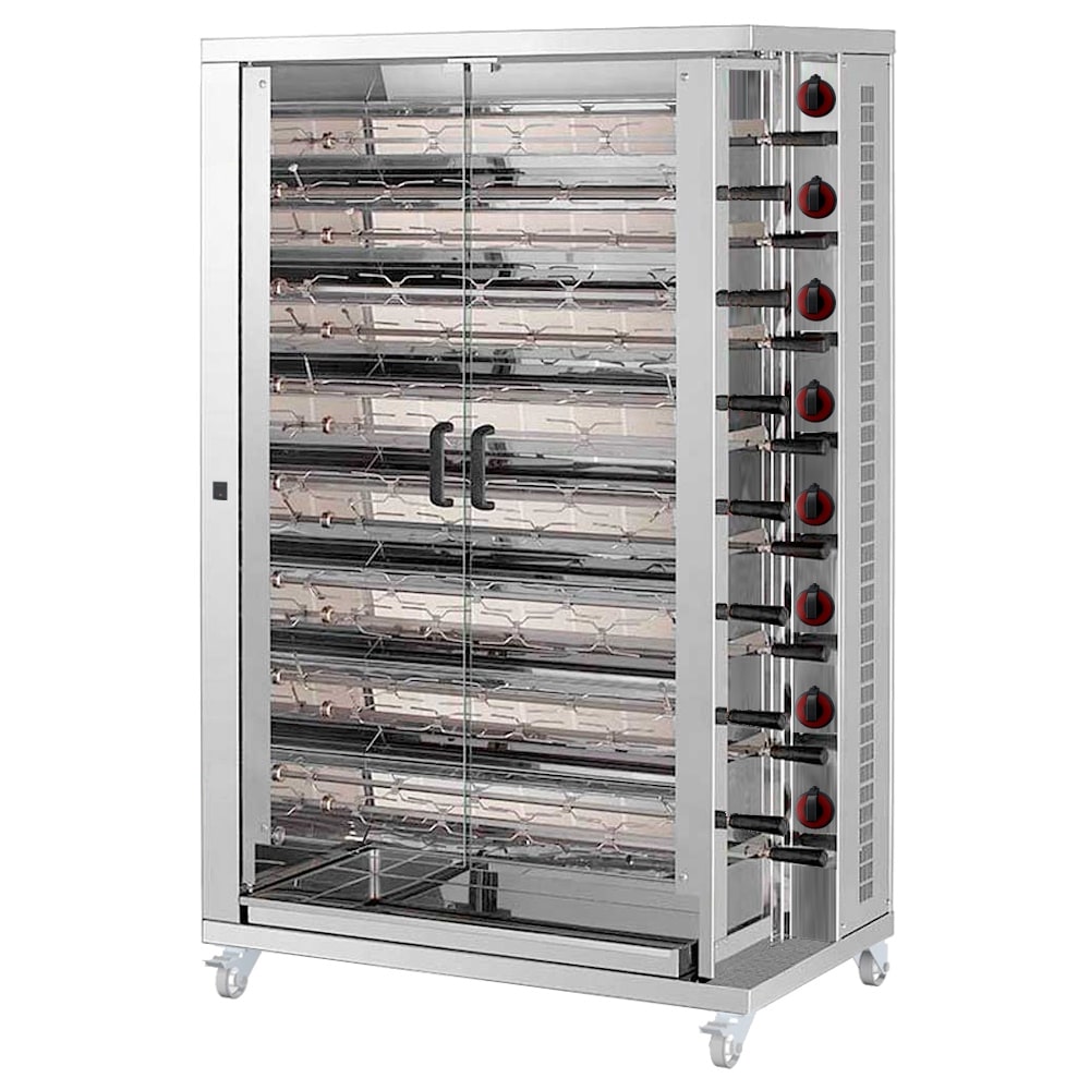 Rotisserie de frango a gás com luz. 15 espadas = 75/90 frangos - 1100x610x1800 mm - 56 Kw + 110 W 230/1V - 53750L09 Eurast