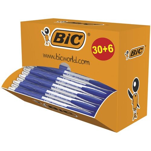 BIC Atlantis Classic Stylos-Bille Rétractables Pointe Moyenne (1,0 mm) - Bleu, Boîte de 30+6