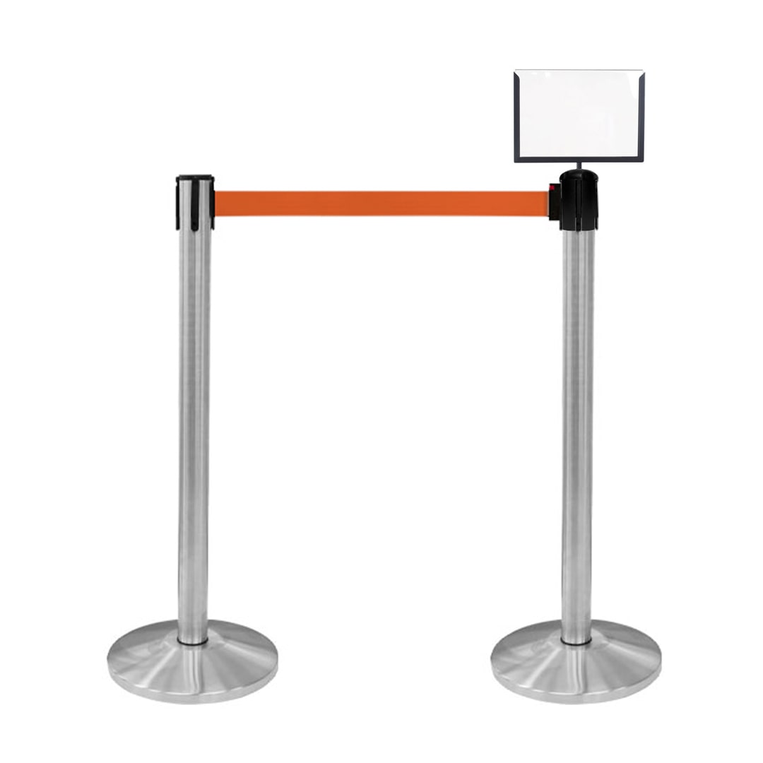 Danieli Store | Barreras de delimitación de acero con cinta extensible hasta 3 m | Barrera con cinta naranja y portacarteles A4 horizontal