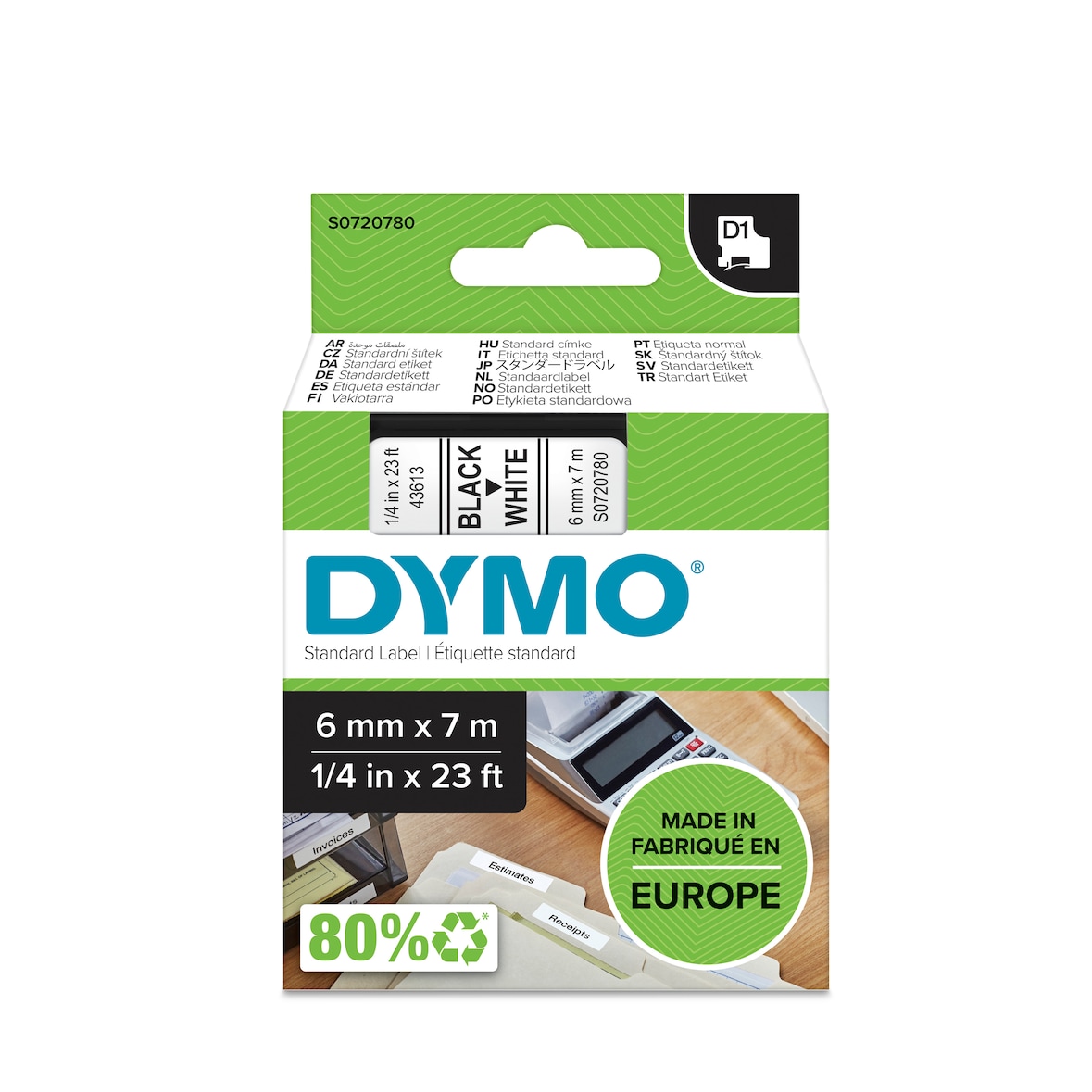 DYMO Cinta de escritura D1 original para Labelmanager, 6mm de ancho 7m de longitud negro sobre amarillo S0720780
