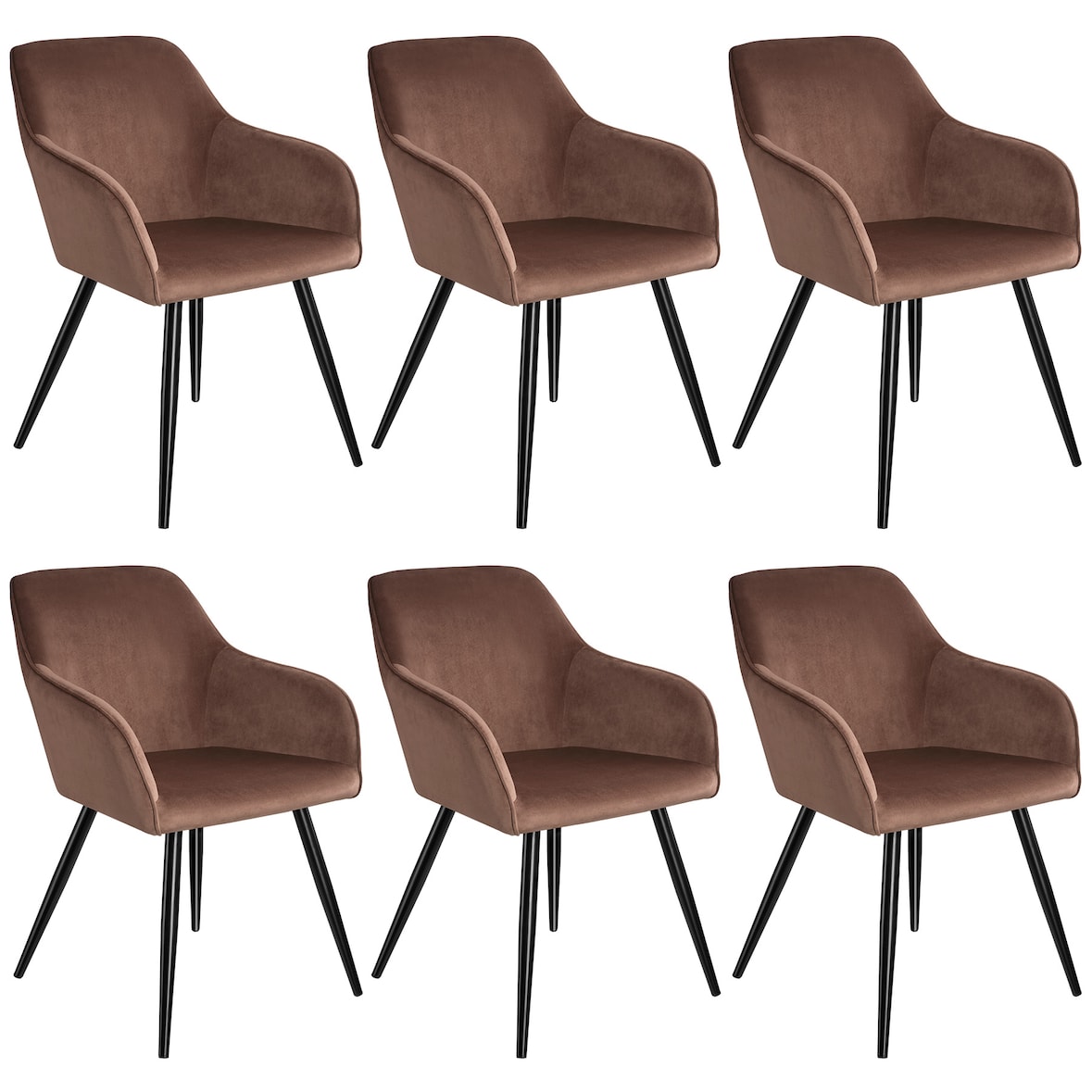 tectake Esszimmerstuhl Marilyn Samtoptik, schwarze Stuhlbeine - 6er Set braun/schwarz