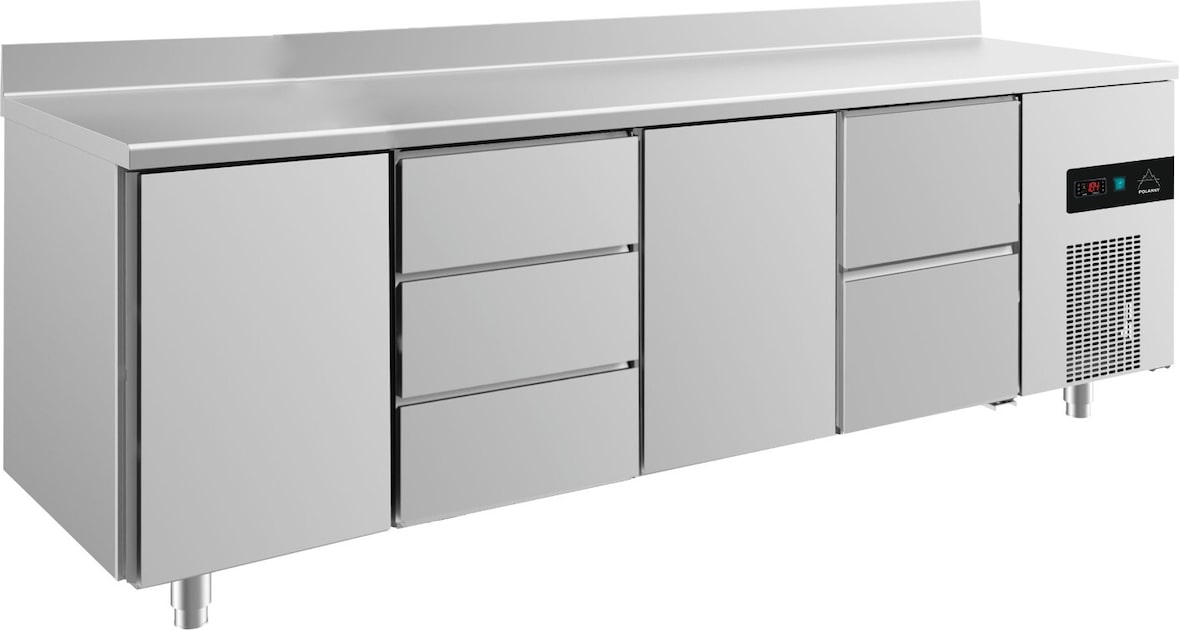 Gastro Kühltisch je 1 Tür links&mittig 3/2 Schubladen mittig&rechts Umluftkühlung Aufkantung, 2330x700x850mm -2/+8°C 632l
