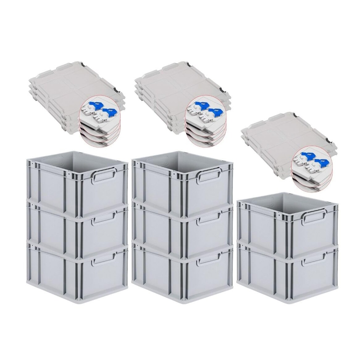 PROREGAL SuperSparSet 8x Eurobox NextGen Economy mit Scharnierdeckel & blauen Verschlüssen, Griffe zu, HxBxT 22x30x40cm, 20L, Eurobehälter, Box