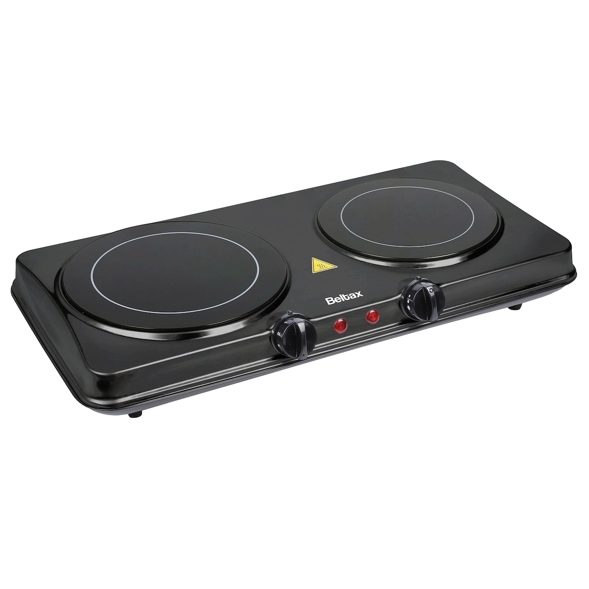 Placa vitrocerámica doble Beltax BHP-0222, Cuerpo de acero, Disco de cristal Crystallite, Discos: Ø16,4cm (800W) y Ø18,7cm (1200W)