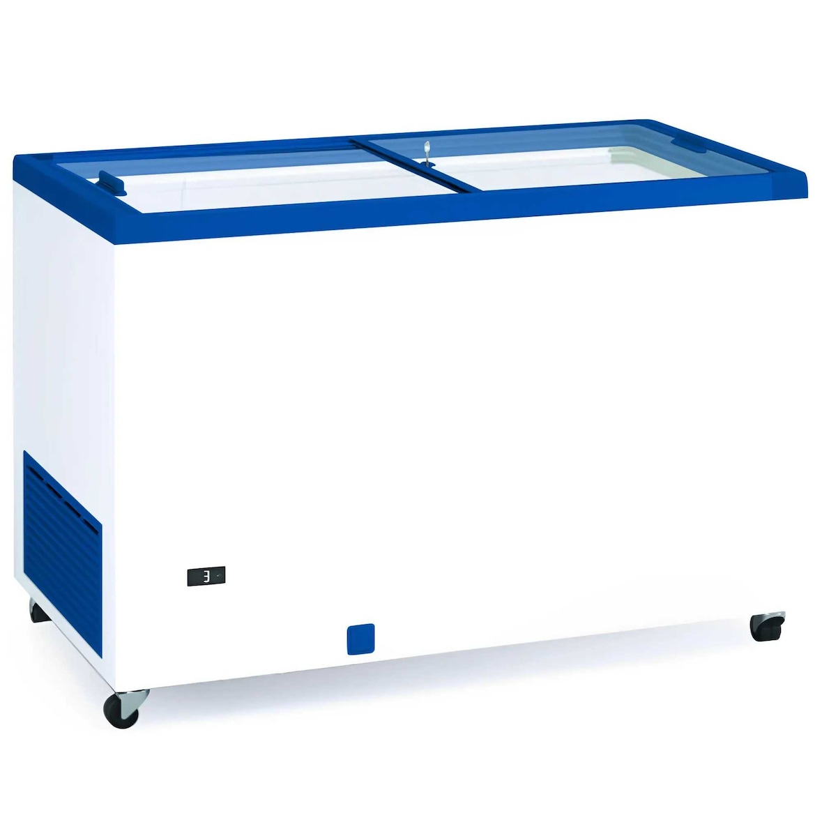 Professionelle Kühltruhe 130 cm und 390 Liter mit blickdichten Schiebetüren. Industrielle Gefriertruhe für Bar, Restaurant und Catering.