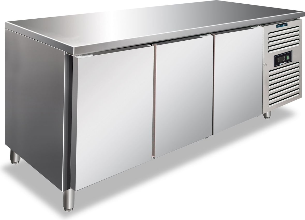 KLIMAITALIA Edelstahl-Gefriertisch mit 3 belüfteten Türen. Automatisches Auftauen. Temperatur -22°C/-18°C.  Maße LxWxH 179,5x70x86 cm. CXF3100BT