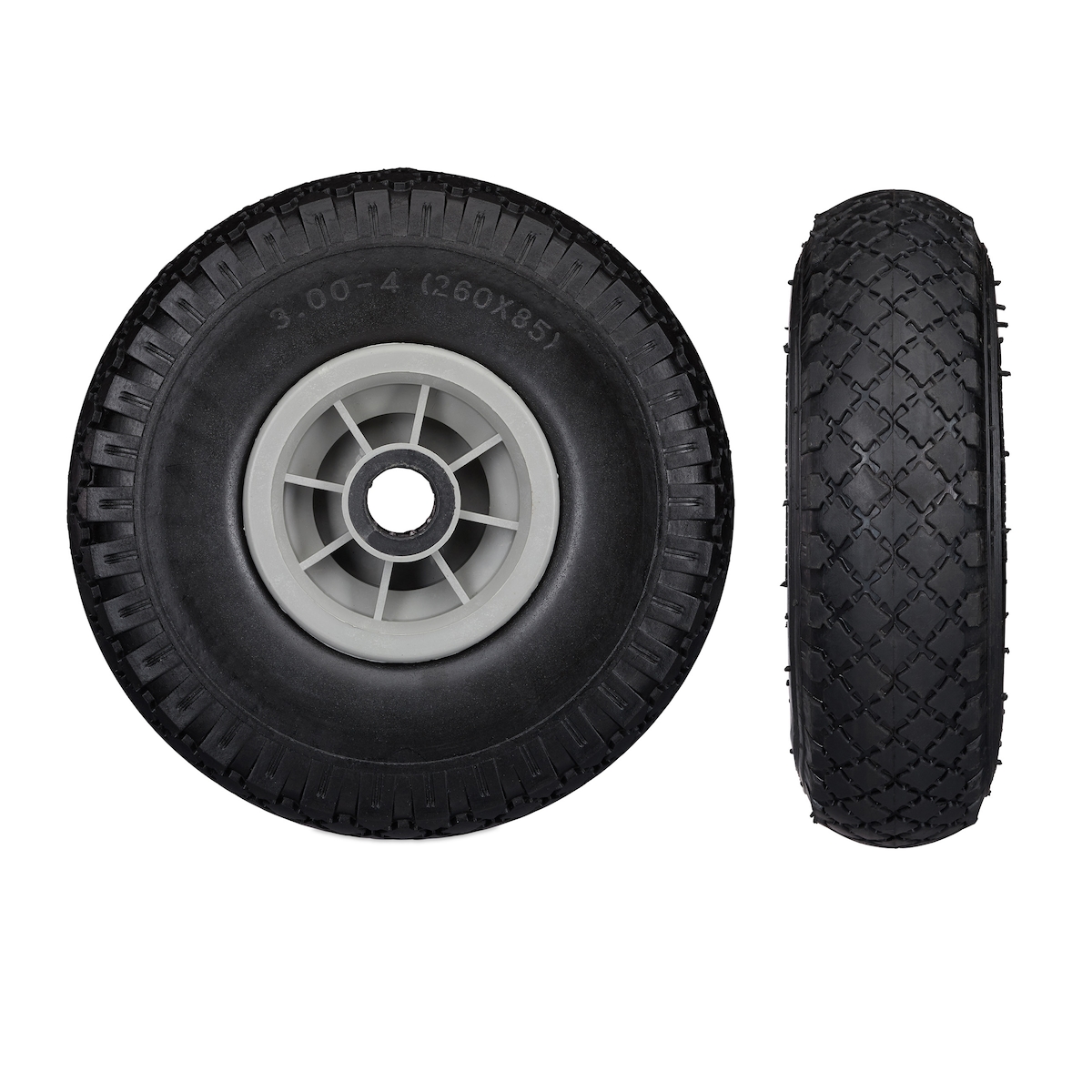 Relaxdays Sackkarrenrad 2er Set, pannensichere 3.00-4" Vollgummireifen, 25 mm Achse, bis 80 kg, 260x85 mm, schwarz-grau