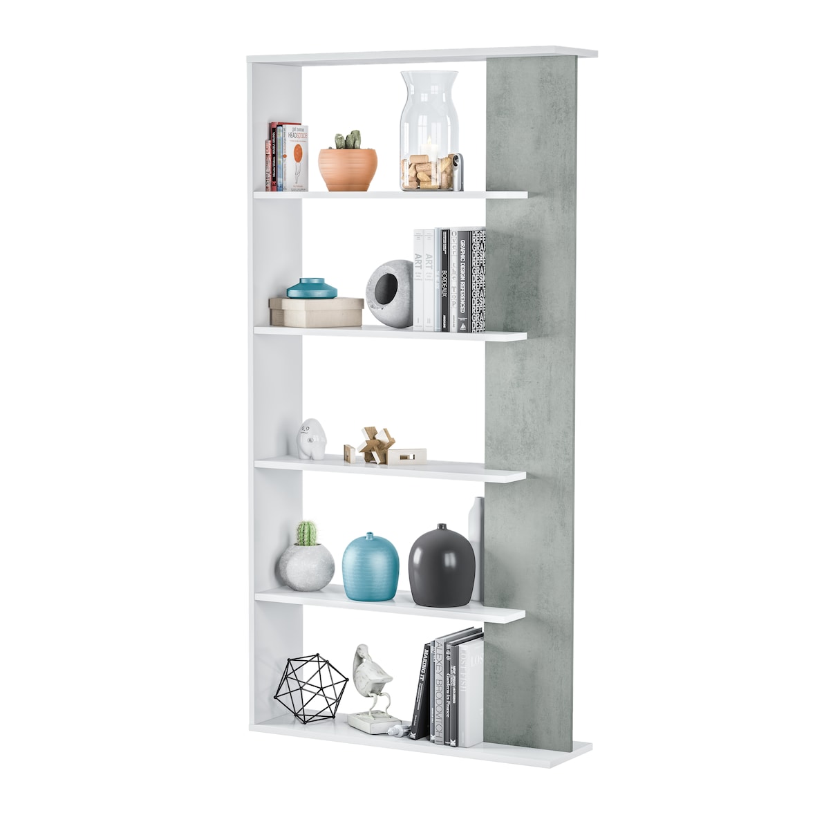 Libreria Santa Cruz Design Scaffale Mensola Moderna Mobile Per Libri Con Ripiani Per Soggiorno Salotto 180 x 90 x 25 cm Bianco e Grigio Cemento