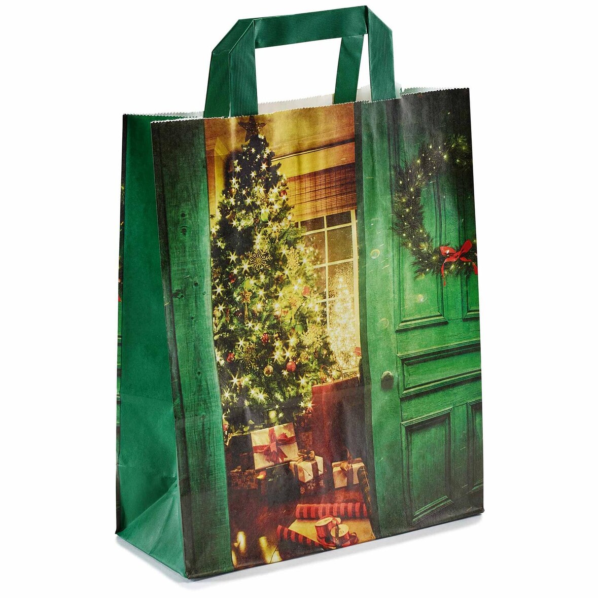 VEPATIM 100 Papiertragetaschen aus Kraftpapier 220+100x280mm Motiv Weihnachtsstube grün 70 gr.