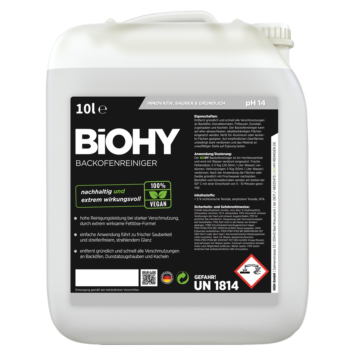 BiOHY Backofenreiniger Hochkonzentrat (10l Kanister) | Profi Grillreiniger, Fettlöser EXTRA STARK | Zur einfachen und schnellen Ofenreinigung
