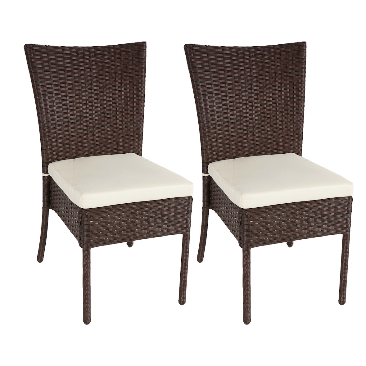 Set van 2 Poly-Rattan Stoel HWC-G19, Balkonstoel Tuinstoel, stapelbaar ~ bruin, kussens crème
