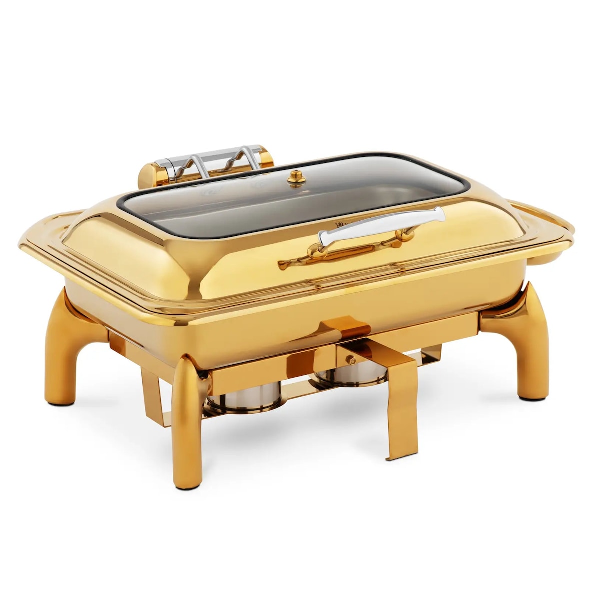 Helloshop26 - Chafing dish GN 1/1 9 litros 2 quemadores de masa con ojo de buey acero inoxidable vidrio templado dorado 14_0008572