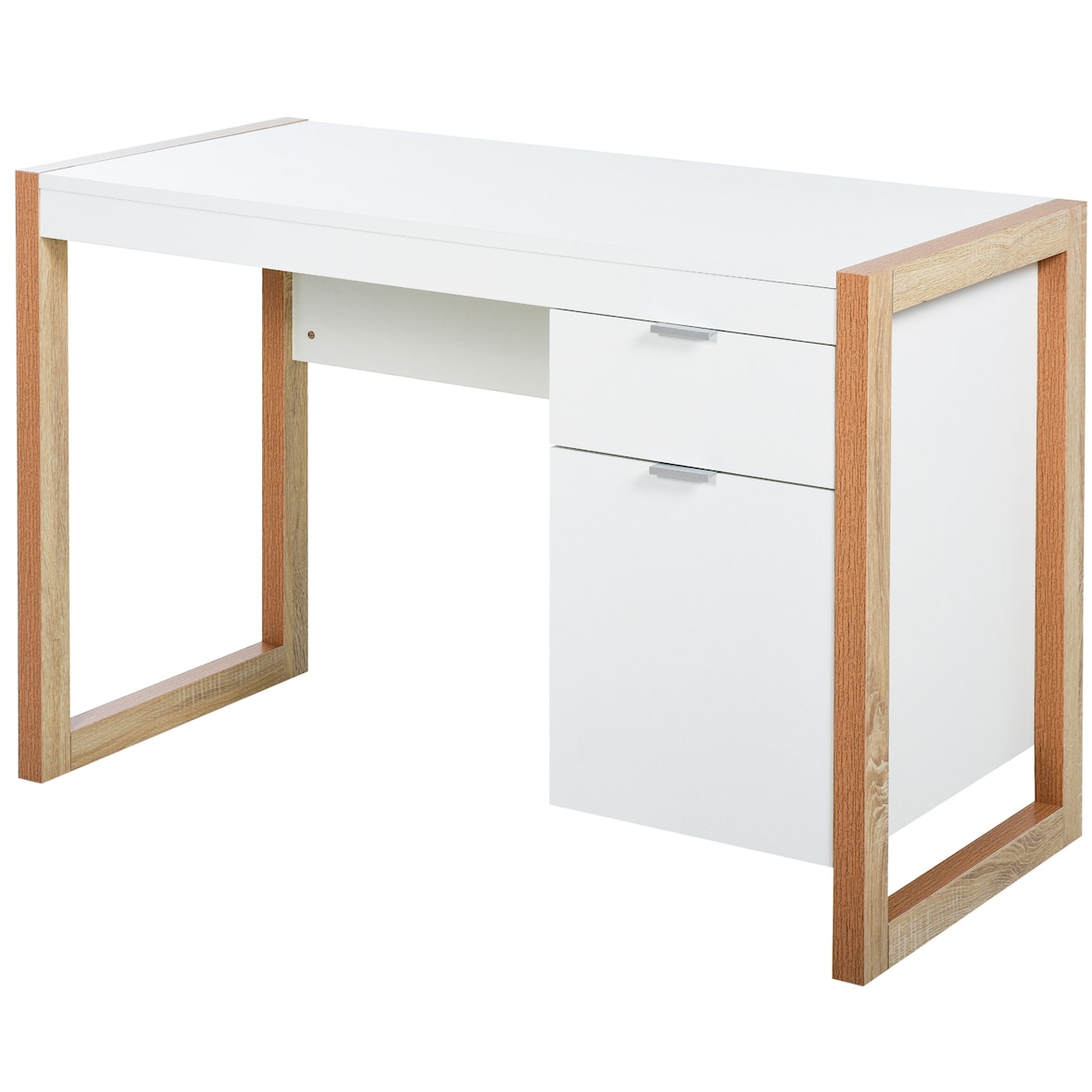 HOMCOM Mesa de Escritorio con Cajón Armario Patas Rectangulares 112,5x50x75,5 cm Blanco