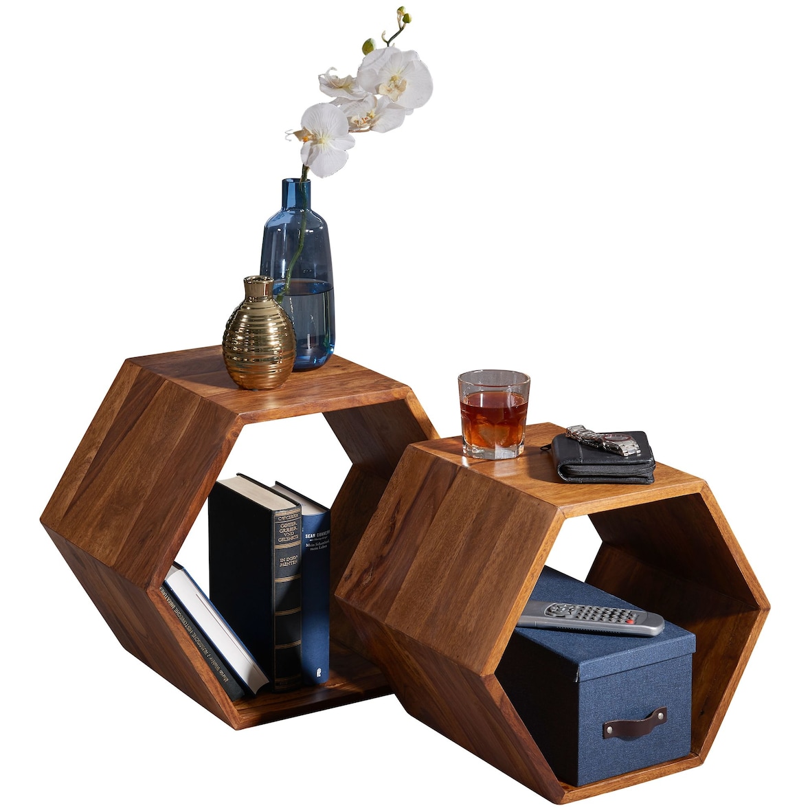 Beistelltisch 2er Set Sheesham Massivholz Design Wohnzimmertisch, Couchtisch-Set massiv, Designer Satztisch Wohnzimmer, Kleiner Sofatisch Holz,