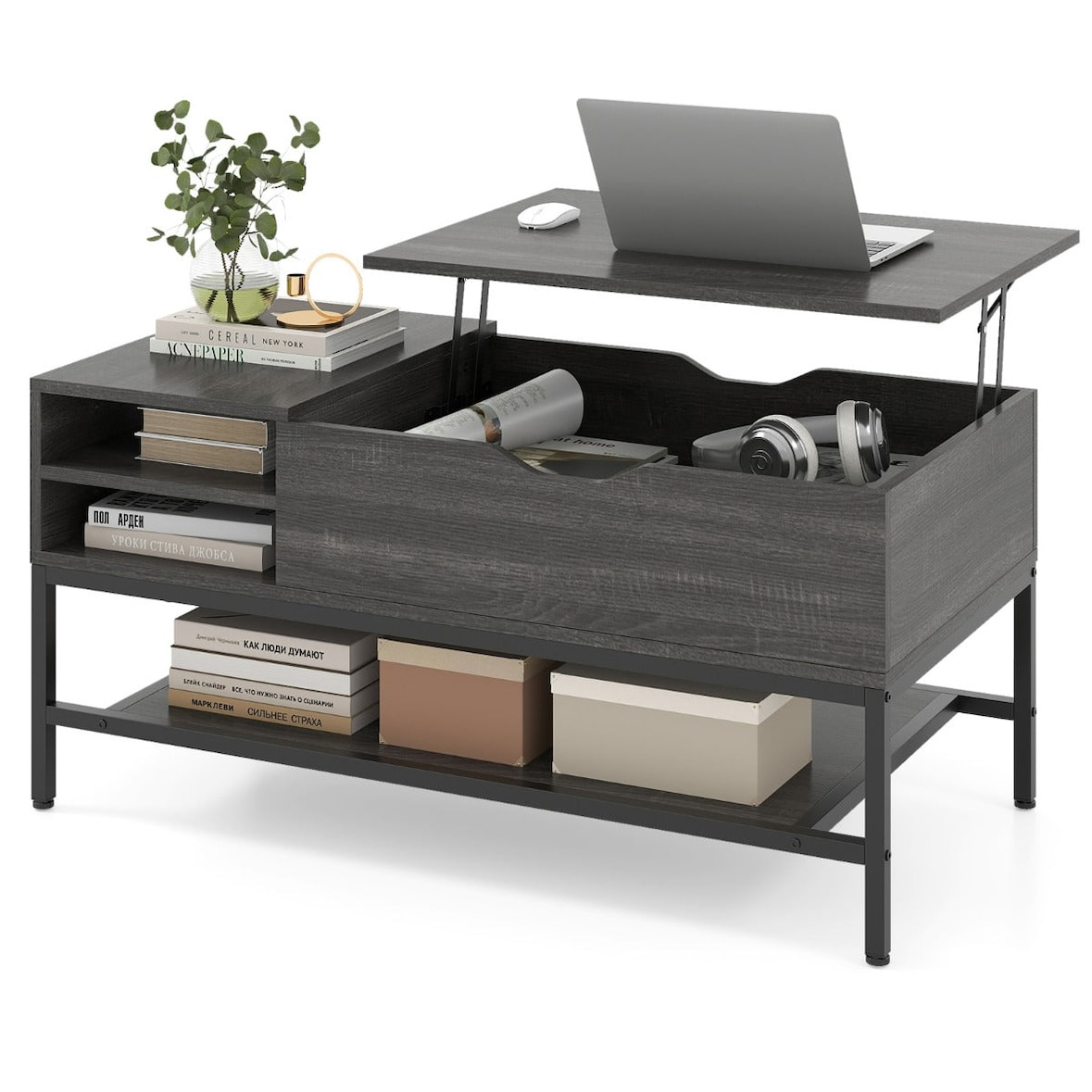 Helloshop26 - Table basse à plateau relevable 99,5 x 49,5 x 47,5 cm rangement optimisé design moderne en bois gris 20_0017560