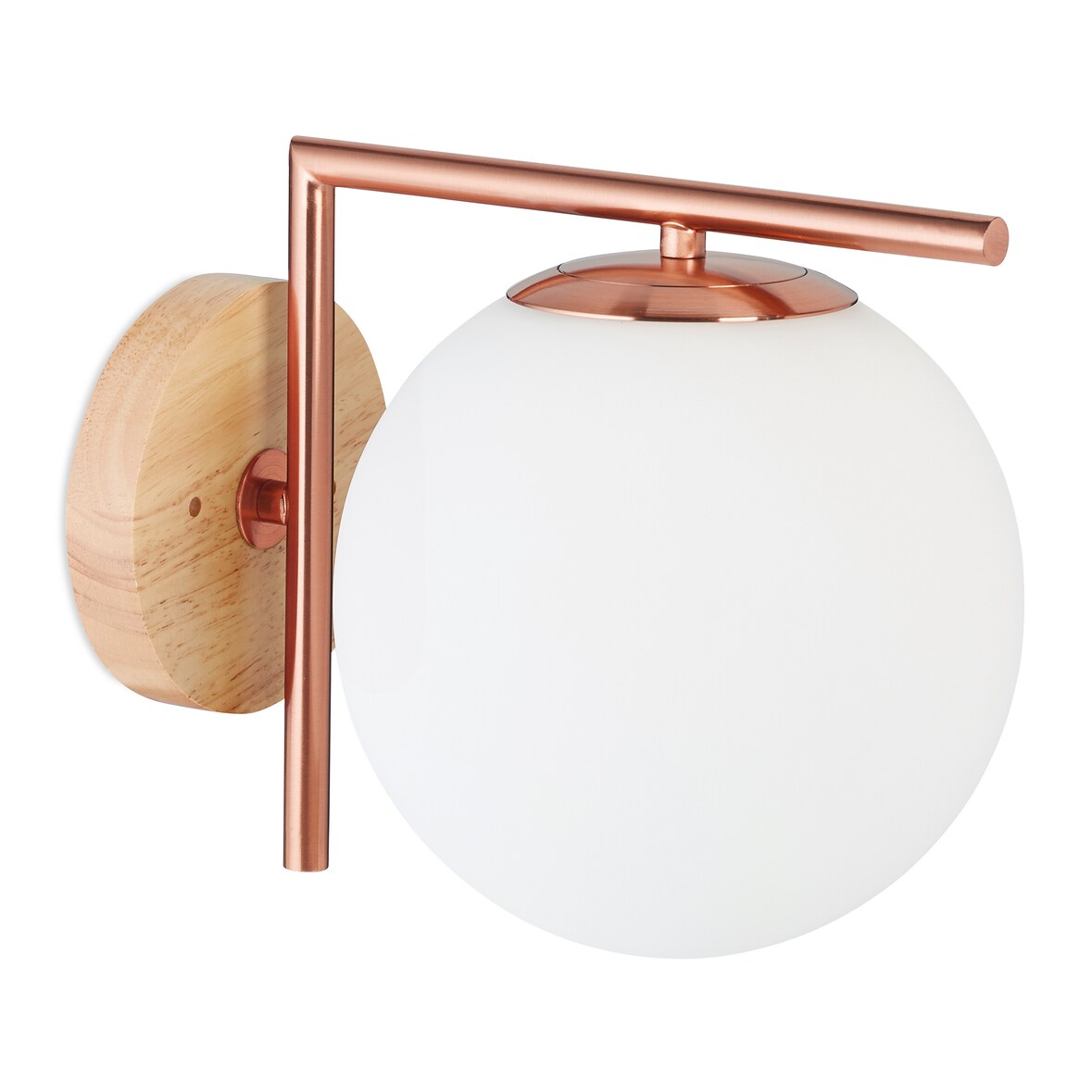 Relaxdays Wandleuchte, E27-Fassung, Glas, Metall und Holz, Wandlampe, Kugel, H x B x T: 22 x 19,5 x 28 cm, kupferfarben