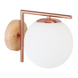 thumbnail of Relaxdays Wandleuchte, E27-Fassung, Glas, Metall und Holz, Wandlampe, Kugel, H x B x T: 22 x 19,5 x 28 cm, kupferfarben