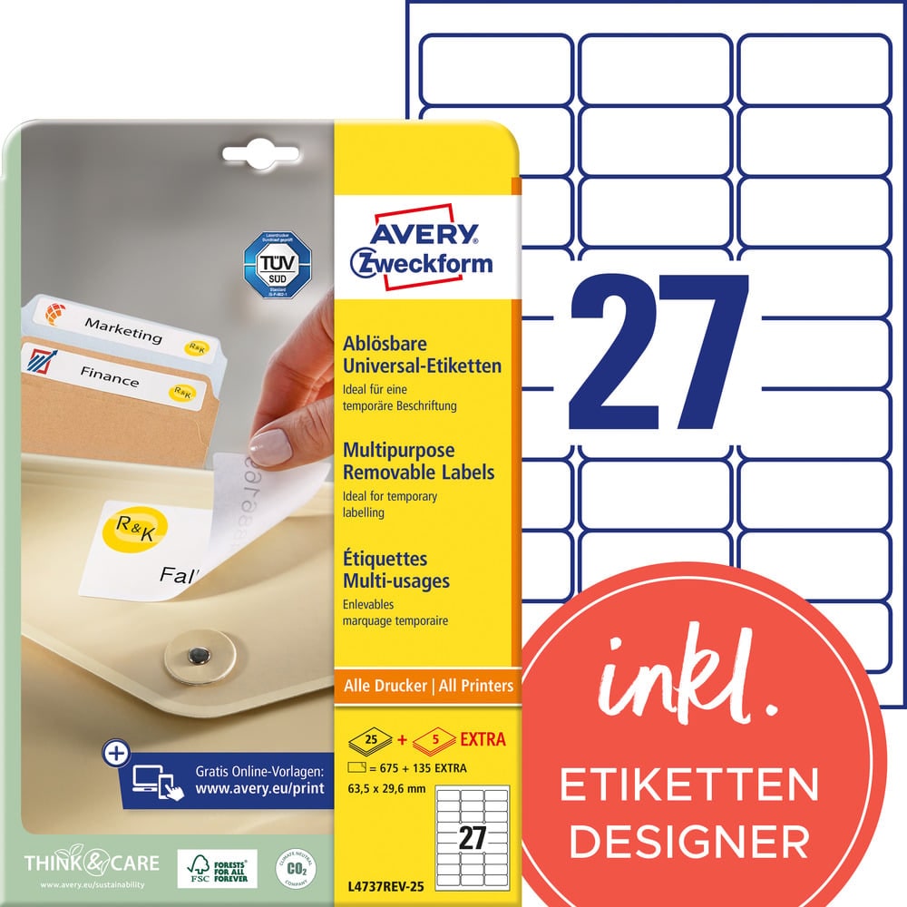 Avery Zweckform L4737REV-25 Universal-Etiketten, ablösbar, A4, 63,5 x 29,6 mm, 30 Bogen/810 Etiketten, weiß