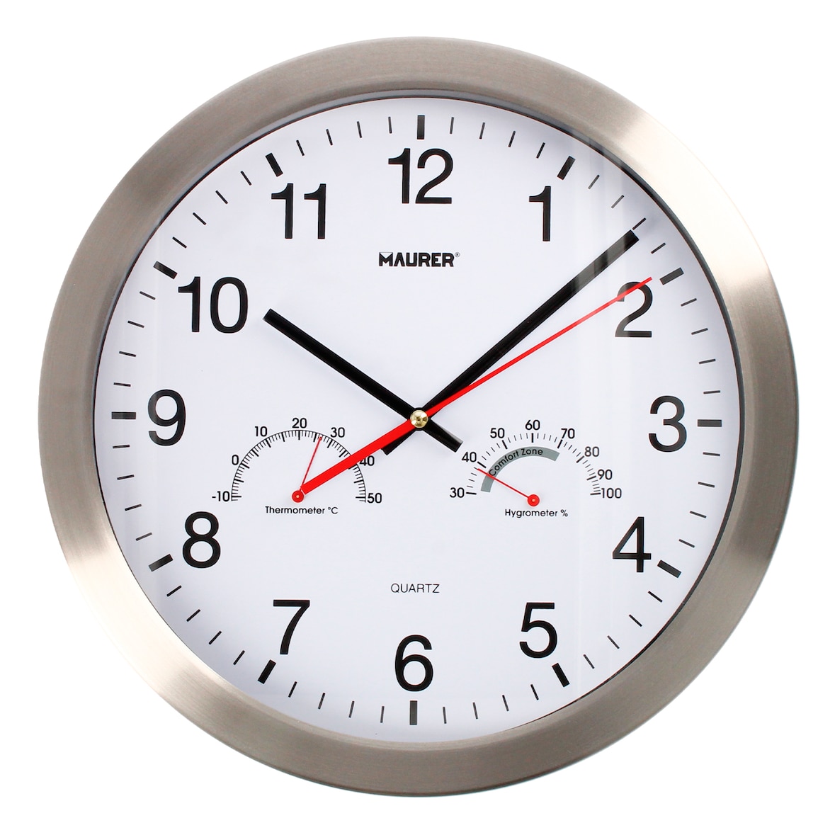 Reloj De Pared: 30 cm. Con Higrometro y Termometro. Frontal En Acero