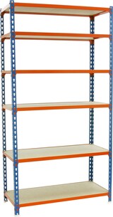 thumbnail of SimonRack Estantería Metálica, 2500x1100x400 mm, 6 Alturas, Bandeja Madera, 200 kg de Punto Flexión, Azul/Naranja/Madera - Maderclick