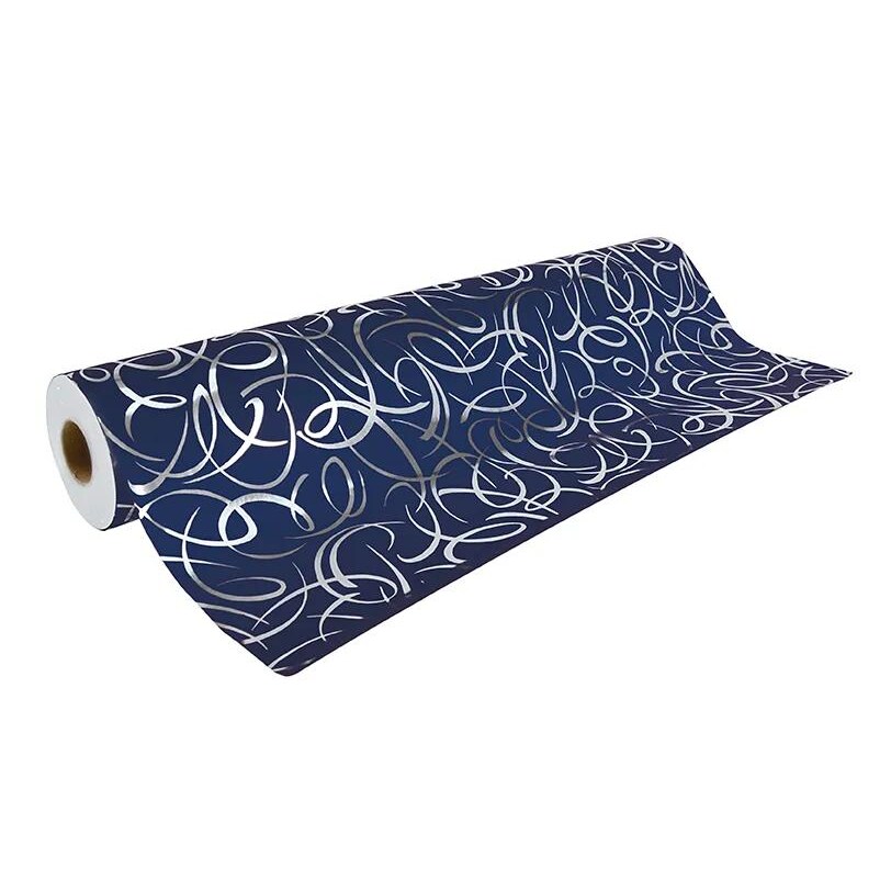 Rouleau de papier cadeau Premium, 80 g/m², 50m x 0,70m, motif Arabesques argent sur bleu