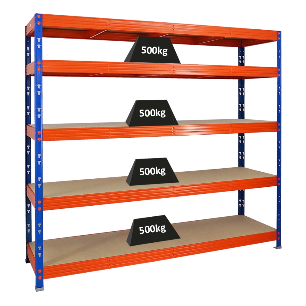 PROREGAL Profi Schwerlastregal RHINO | HxBxT 180x200x60cm | 5 Spanplatten-Ebenen 8mm | Fachlast 500kg | Blau/Orange | Stecksystem Lagerregal