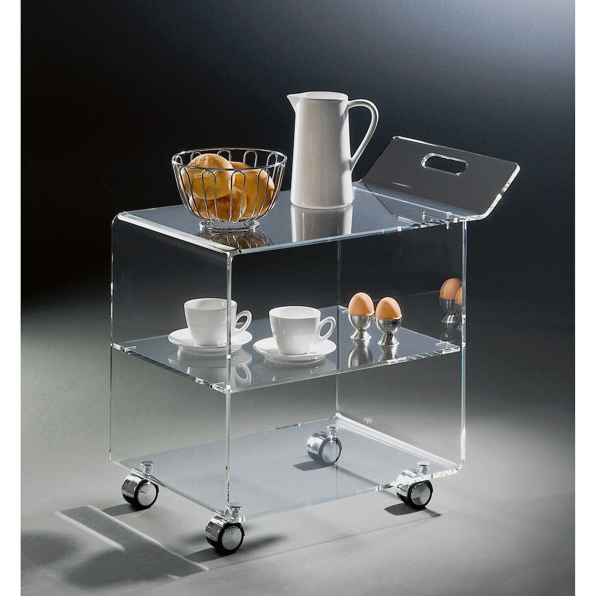 Hochwertiger Acryl-Glas Servierwagen / Teewagen mit 4 verchromten Rollen, klar, 63 x 38 cm, H 59 cm, Acryl-Glas-Stärke 8 mm