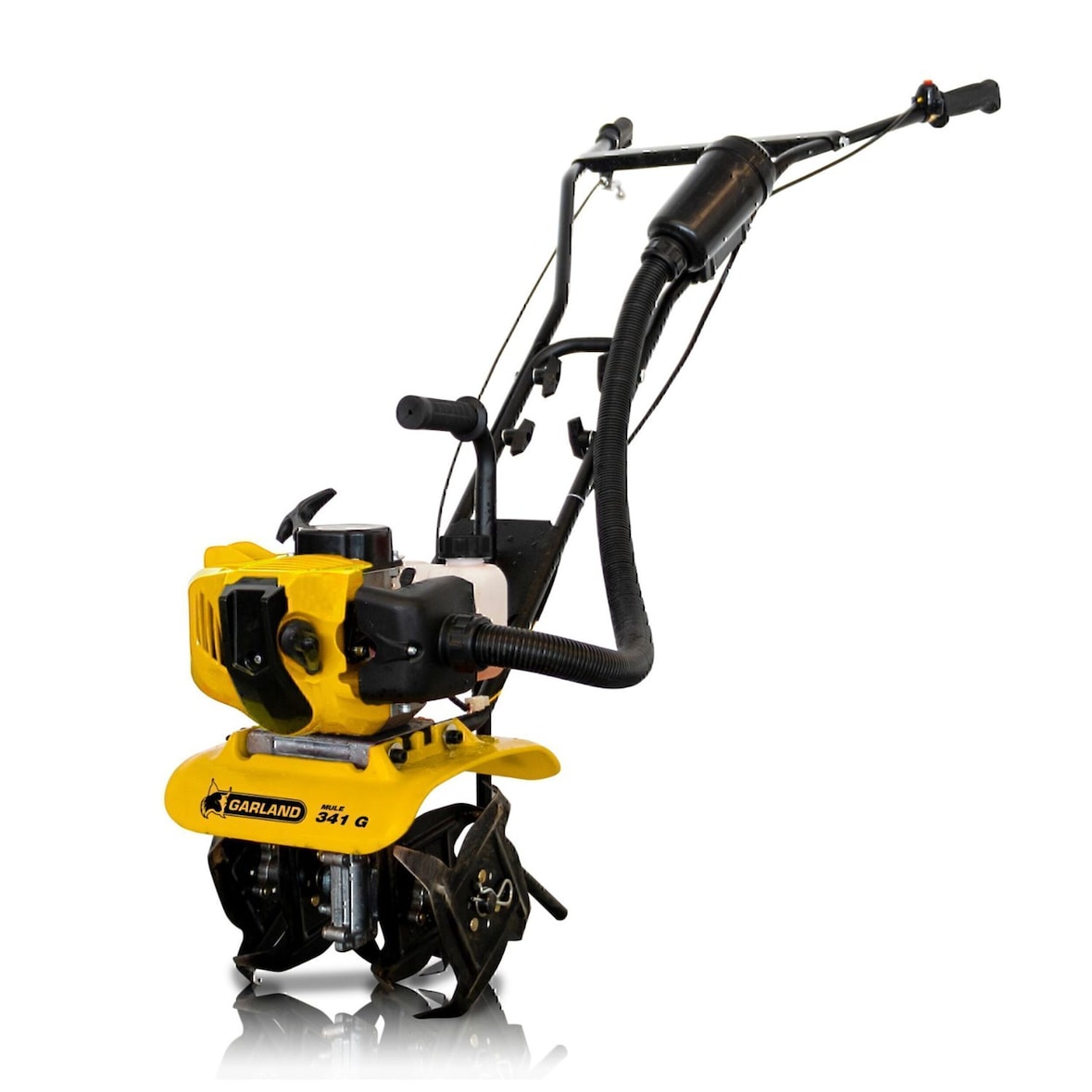 GARLAND MULE 341G-V24 enxada com motor a gasolina a 2 tempos de 51,7 cc, pesando 14,5 kg. 4 grupos de fresas de 21 cm, largura de trabalho 25 cm.