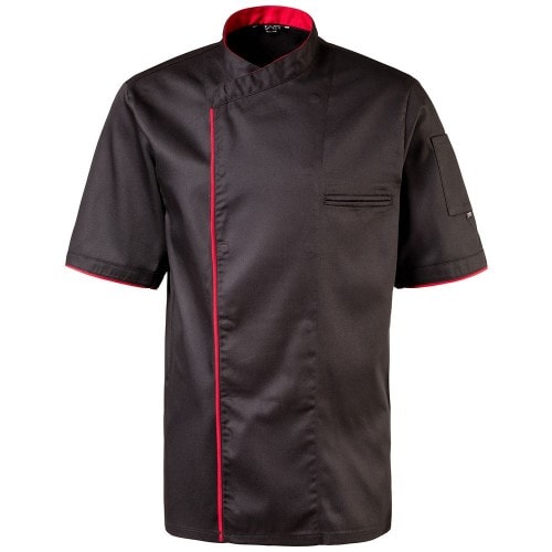 224 - Kochjacke halbarm, Druckknöpfe, Fb. schwarz mit farbiger Paspel : rot 65% Polyester 35%Baumwolle 220 g/m² S