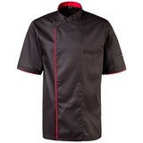 thumbnail of 224 - Kochjacke halbarm, Druckknöpfe, Fb. schwarz mit farbiger Paspel : rot 65% Polyester 35%Baumwolle 220 g/m² S