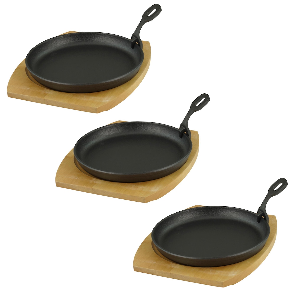 Servierpfanne mit Holzuntersetzer Ø 22cm, Gusseisen 3 Stück im Set