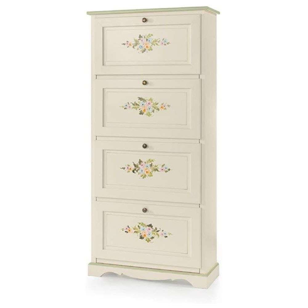 shopinnovativo -Scarpiera 4 ante capacità 28 paia di scarpe in stile arte povera in legno massello e mdf con rifinitura in bianco decorata 79x30x170 H