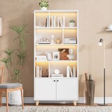 thumbnail of Bücherregal 80x30x173 cm mit LED-Beleuchtung Doppeltüren 7 Fächer Massivholzbeine MDF Weiß modernes Stauraumregal für Wohnbereich