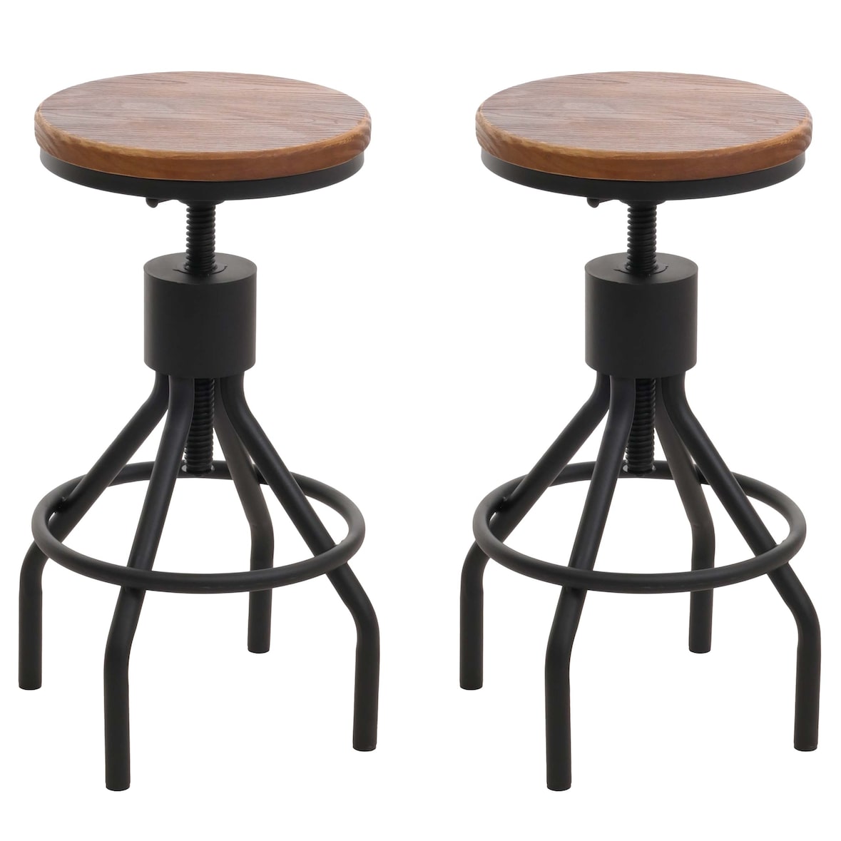 Juego de 2 taburetes de bar HWC-N17, taburete de bar, reposapiés giratorio regulable en altura metal industrial madera maciza ~ marrón
