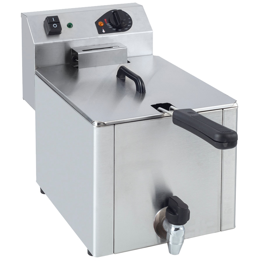 Freidora eléctrica 1 cubas de 9 lt de capacidad. Patas regulables. Cuba fija embutida. Termostato de seguridad. Regulador de temperatura.