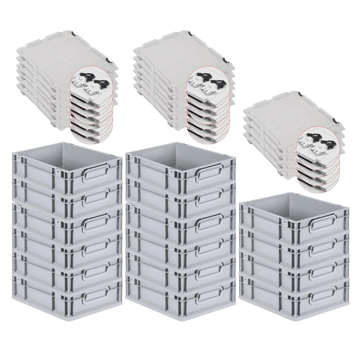 PROREGAL SuperSparSet 16x Eurobox NextGen Economy mit Scharnierdeckel & schwarzen Verschlüssen, Griffe zu, HxBxT 12x30x40cm, 11L, Eurobehälter, Box