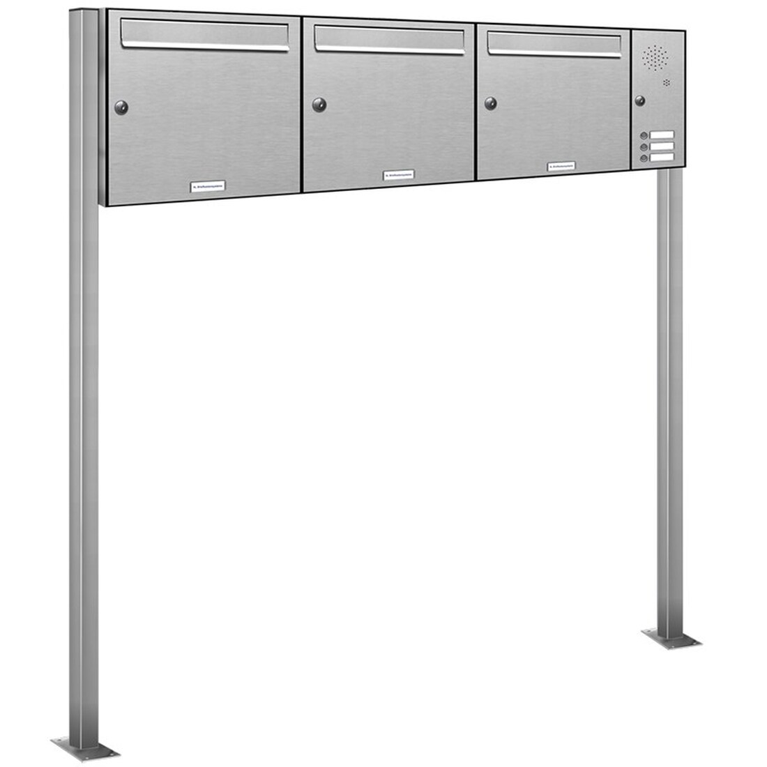 AL Briefkastensysteme 3 Fächer Premium Edelstahl Stand Briefkasten Anlage mit Klingeln, Post A4 modern, robust, wetterfest, Artikelnummer: 331T3S3KSR