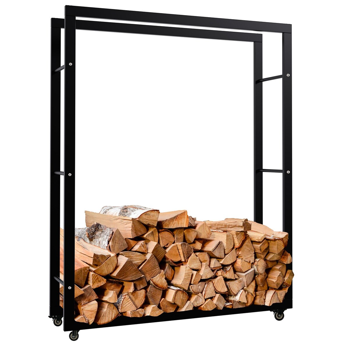DELUKE® Kaminholzregal innen Metall SATLO mit Rollen Brennholzregal innen Kaminholzständer Kaminholzhalter Feuerholzregal Schwarz, 25x100x125cm