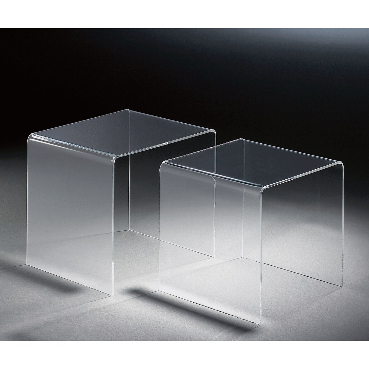 Hochwertiger Acryl-Glas Zweisatztisch, klar, 1. Tisch: 40 x 33 cm, H 36 cm und 2. Tisch: 33 x 33 cm, H 33 cm, Acryl-Glas-Stärke 6 mm