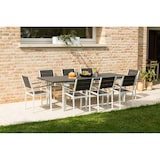 thumbnail of Set de 6 chaises d'extérieur, jardin, empilables avec accoudoirs, structure en acier peint et assise en polyéthylène à lames effet bois -Adele-Ardoise
