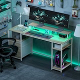 thumbnail of Mesa de escritorio mesa de ordenador con luces LED estantes cajones tomas de corriente puertos USB y soporte para monitor 155,5x48x75,5 cm natural