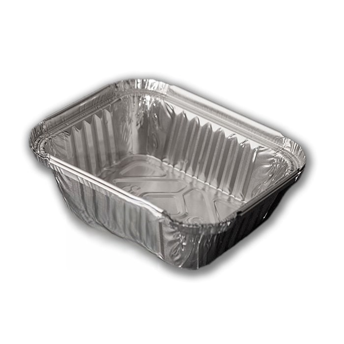 Recipiente retangular de alumínio de 650 ml para 2 porções de "lasanha", com borda levantada e enrolada. Modelo: ECA007