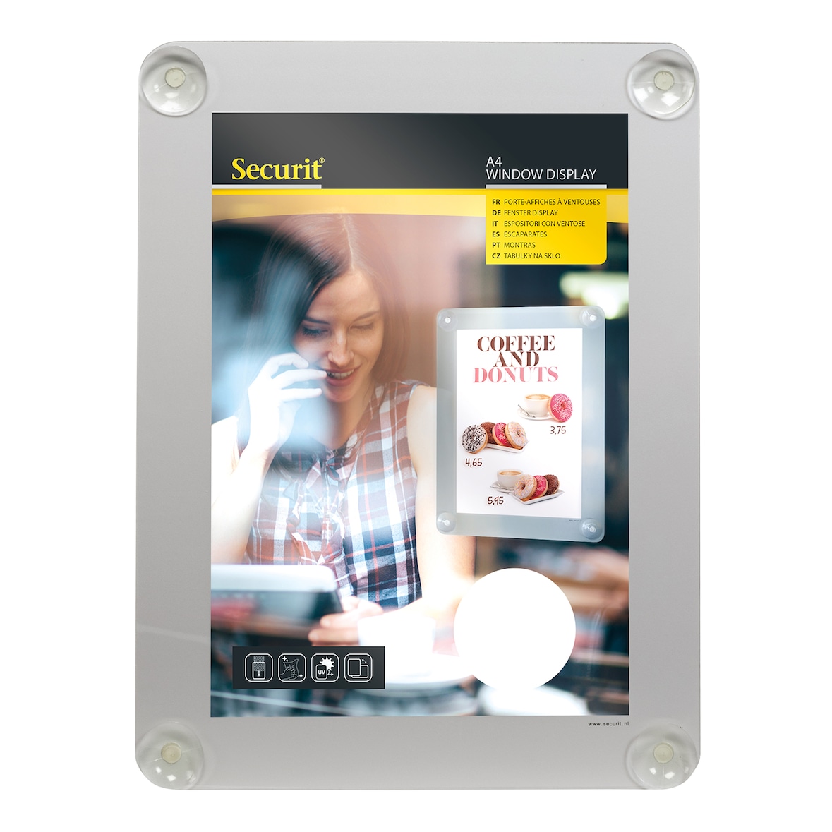 Securit® Porte-affiche A4 pour vitrine - Gris - Avec 4 ventouses - Double-face