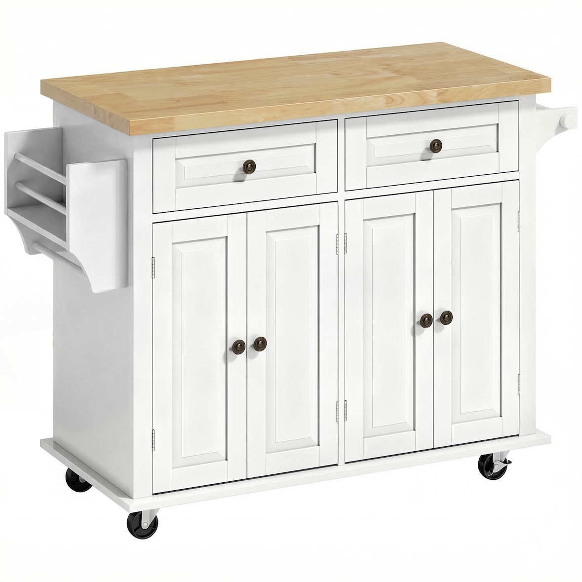 HOMCOM isla de cocina con ruedas mueble auxiliar de cocina con 2 cajones 4 puertas especiero y barra lateral para comedor 111x44,5x82,5 cm blanco