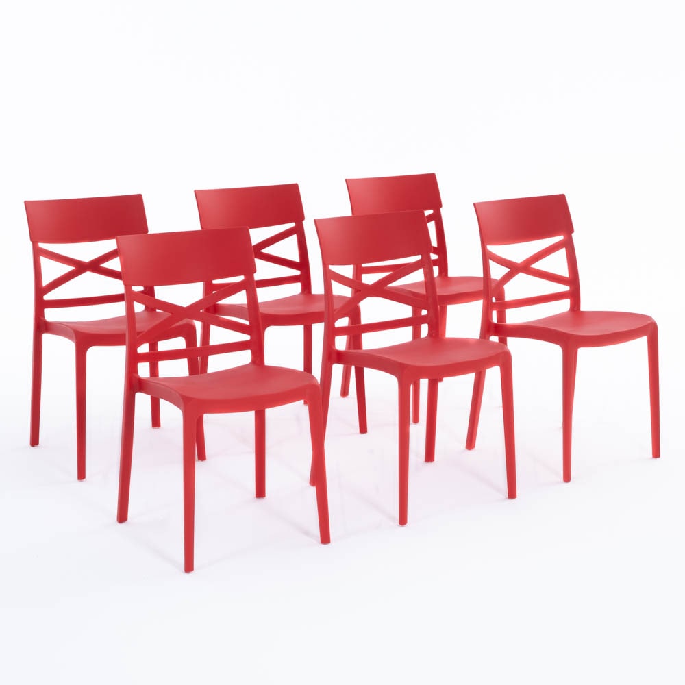 Set 6 Chaises en polypropylène avec fibre de verre empilables pour extérieur et jardin, bar et restaurant, cuisine design moderne - MARTINA - Rouge