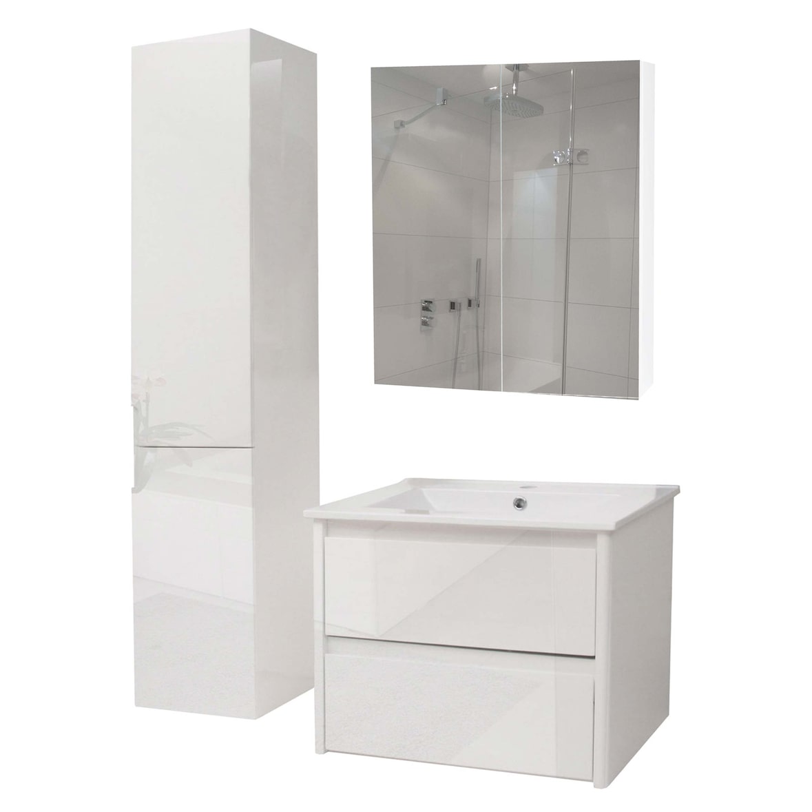 Badezimmerset HWC-B19b, Waschtisch Spiegelschrank Hängeschrank, hochglanz FSC®-zertifiziert ~ weiß