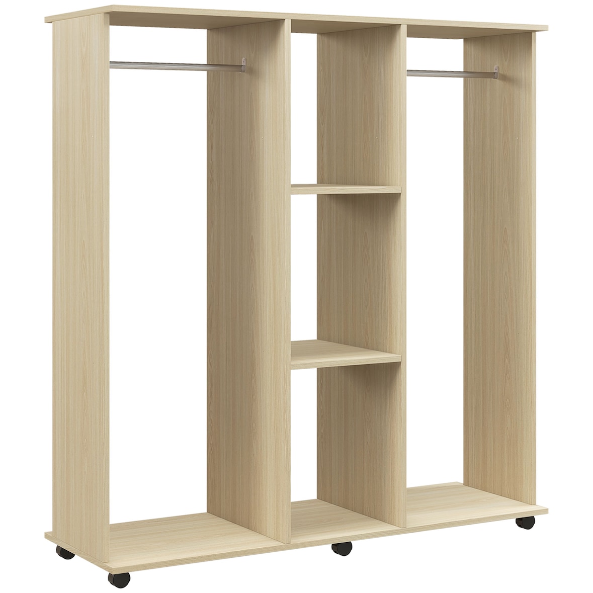 HOMCOM armario ropero con ruedas armario para ropa con barra estantes abiertos organizador para colgar ropa de dormitorio 120x40x128 cm matural