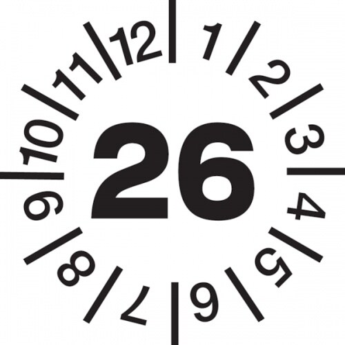 Jahresprüfplaketten ab 26, Jahresfarben, Folie, Ø 10 - 30 mm - Bogen = 10 Plaketten - 10 mm Folie selbstklebend